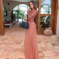 thumbnail image 3 of Women's O-Neck Long Sleeve Pleated Bandage Split A-Line Long Dress, 3 of 19