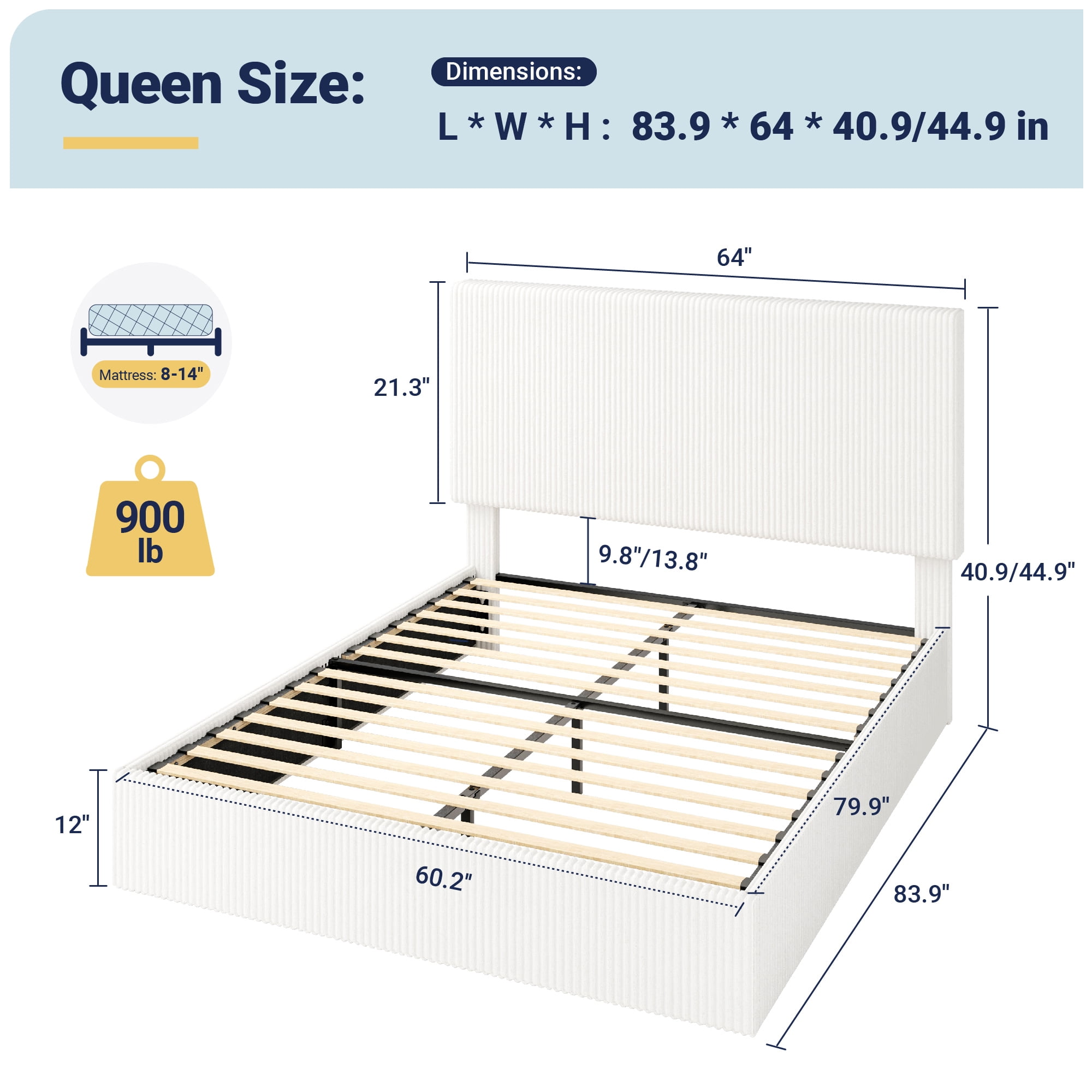 Allewie Queen Bed Frame, Upholstered Platform Bed, Adjustable Vertical Channel Tufted Headboard, Corduroy Fabric, Modern Low Profile, Wooden Slats, No Box Spring Needed, Easy Assembly, White