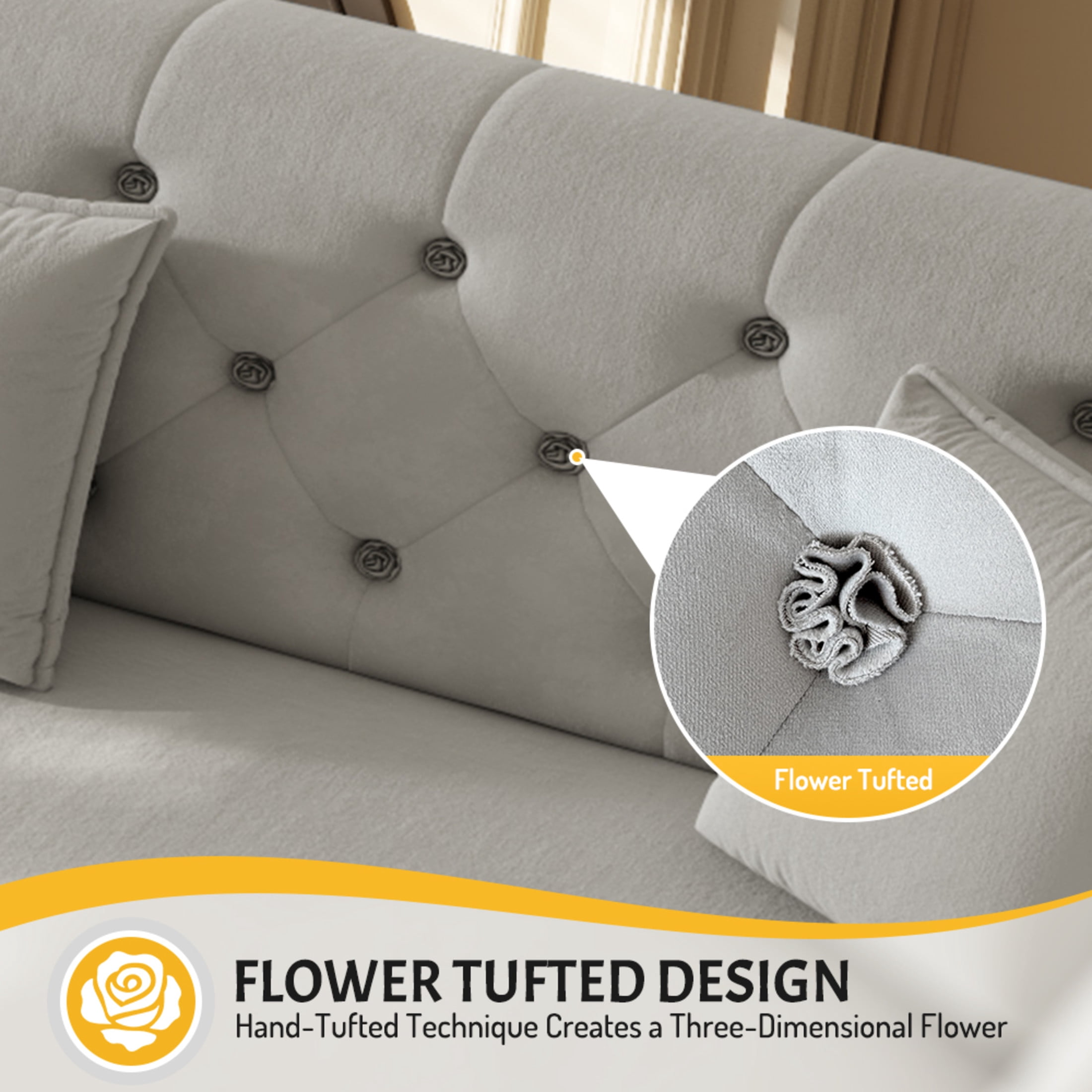 Noble House 100" Oversized Velvet Pull Out Sofa Bed, 3-in-1 Convertible Sleeper with Fabric Flower Tufting, Light Grey