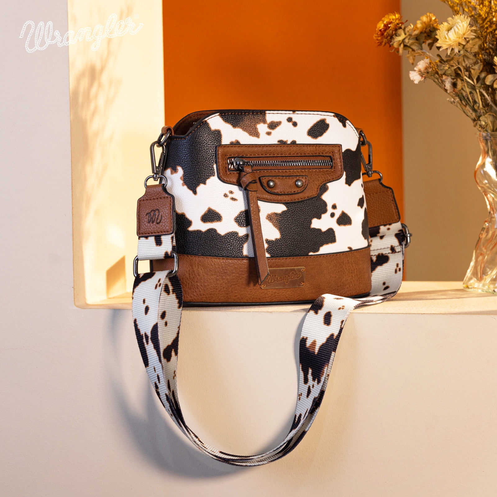 Wrangler Cow Print Crossbody Bag for Women Western Cross Body Purse with Signature Strap, Brown