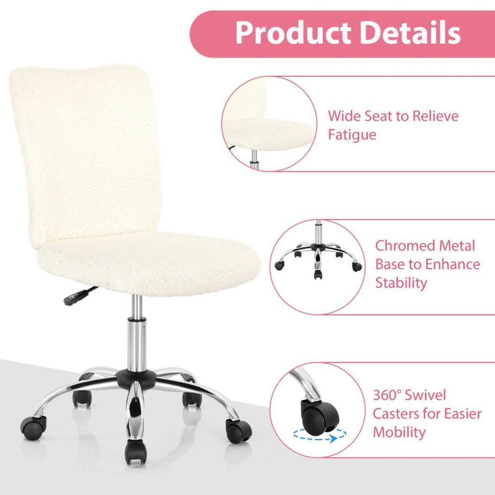 Demi Bonn Armless Faux Fur Leisure Office Chair with Adjustable Swivel, Rolling Work Computer Desk Chair for Home, Bedroom, Study, White