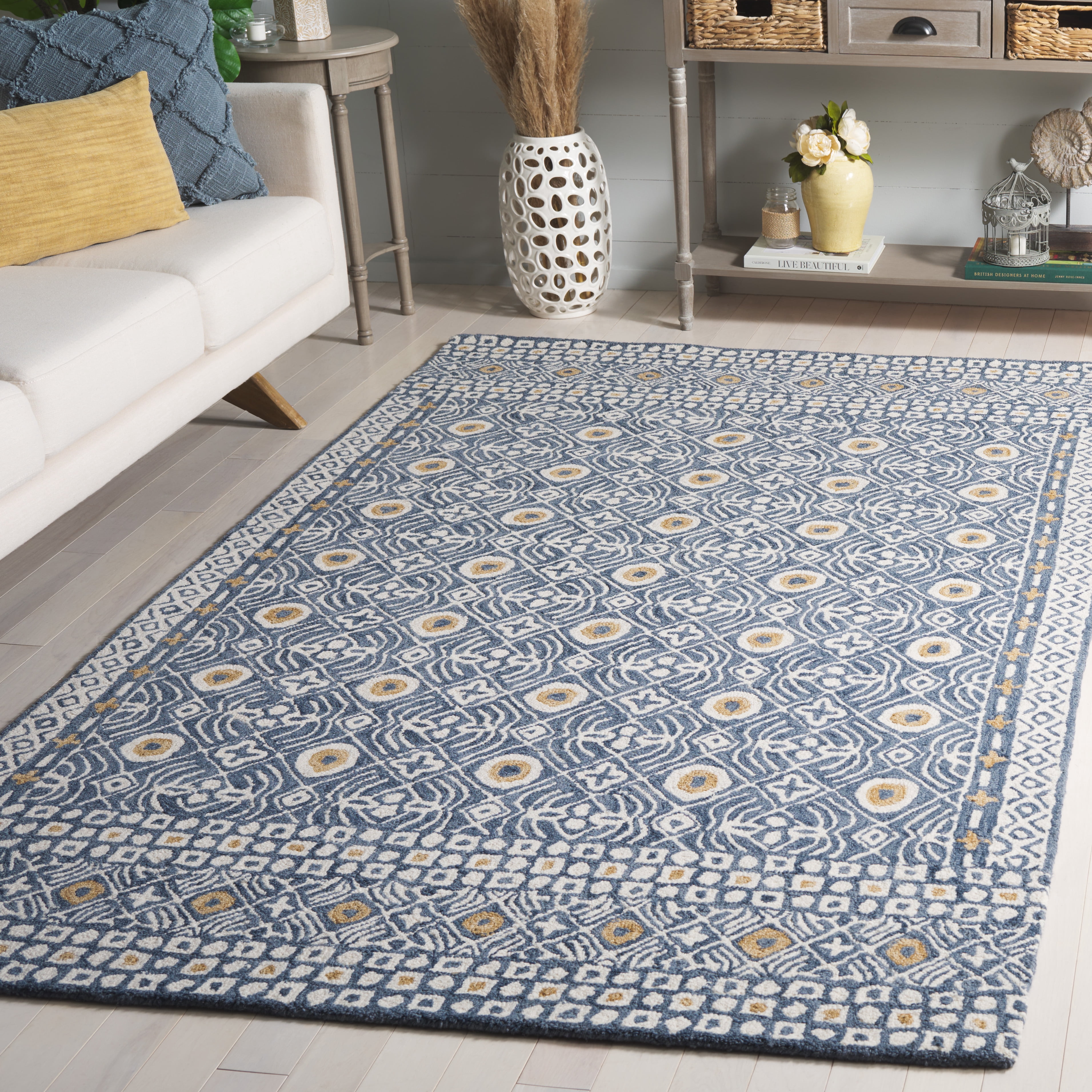 SAFAVIEH Micro-Loop Blazhe Floral Area Rug, Blue/Ivory, 5' x 5' Square