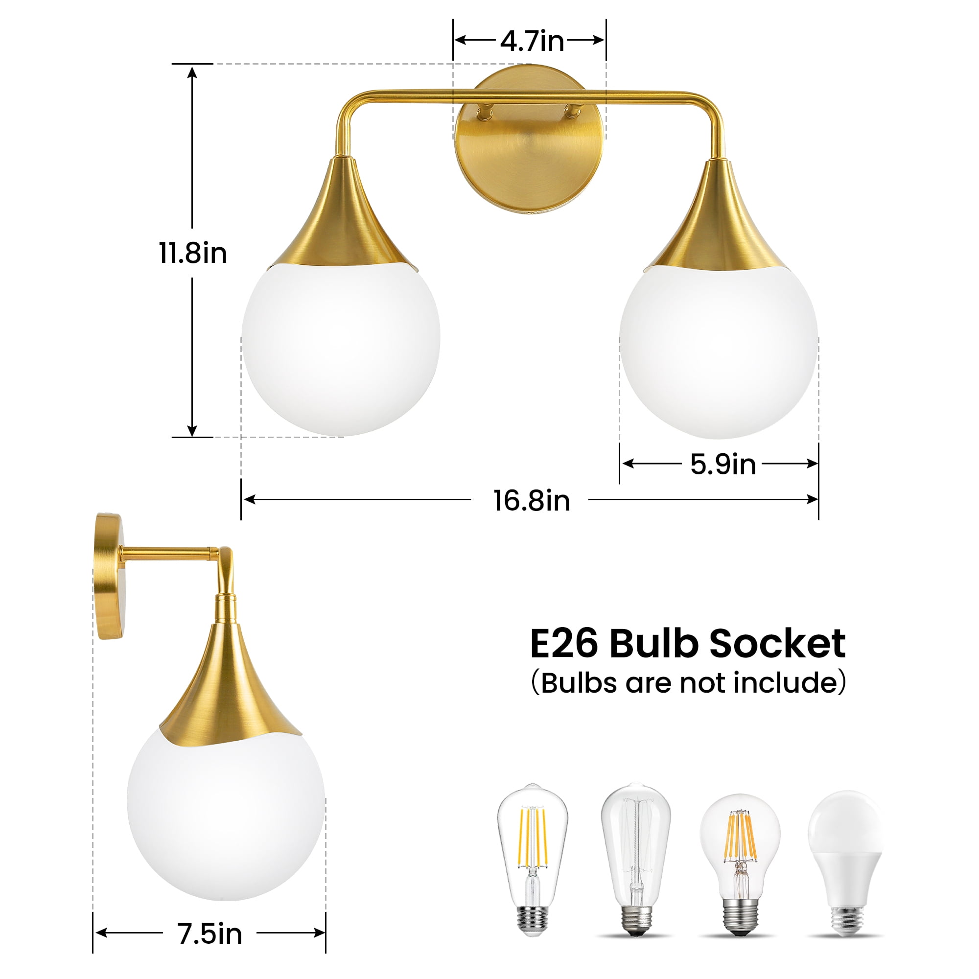 Bathroom Vanity Light 2 Lights Bathroom Lighting Fixtures Over Brushed Gold Wall Sconces with Frosted Globe Glass for Hallway Restroom