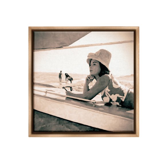 Stupell Industries Vintage Woman Sunbathing Landscape Painting Brown Floater Framed Canvas Art Print Wall Art, 25 x 25