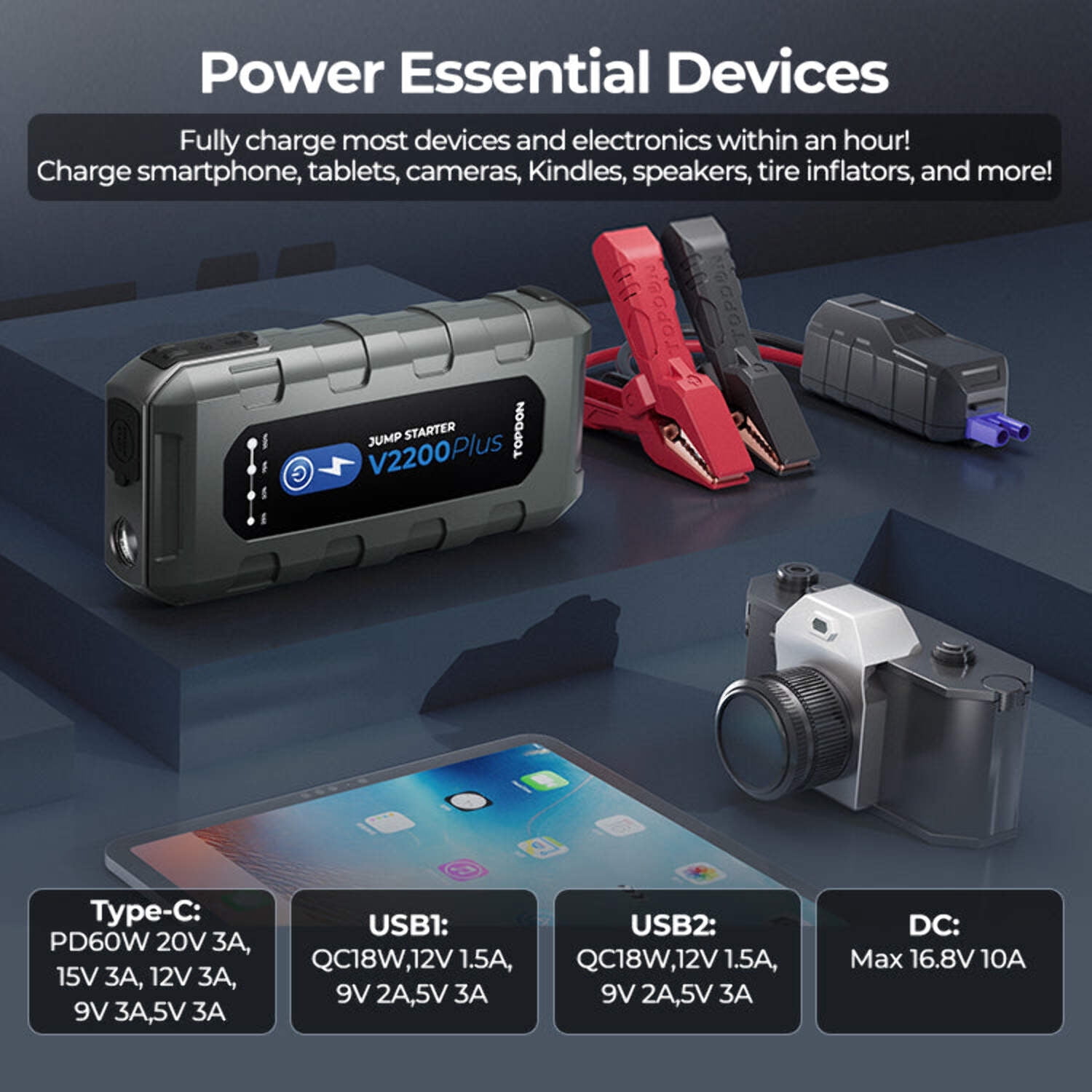 Topdon V2200Plus - 2-in-1 2200 Peak Amp Jump Starter & Battery/System Tester