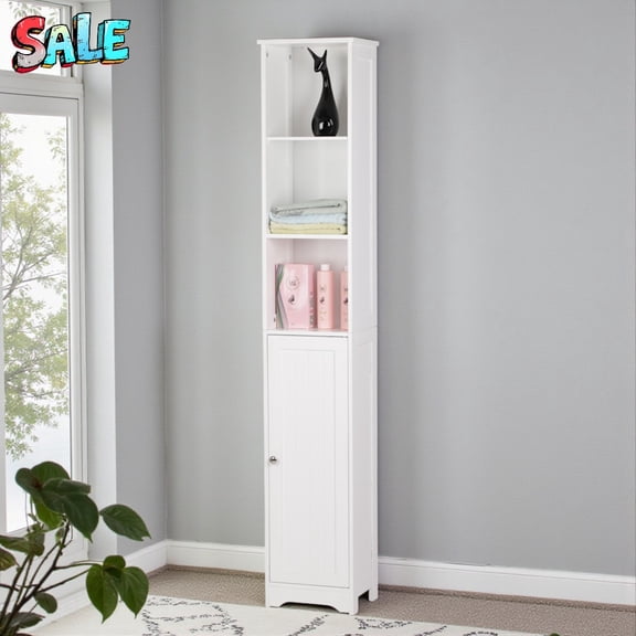 Tcbosik 67-Inch Tall Bathroom Cabinet, Narrow Storage Organizer with 1 Door & Open Storage and Adjustable Shelves, Safety Anti-Tip Device, White