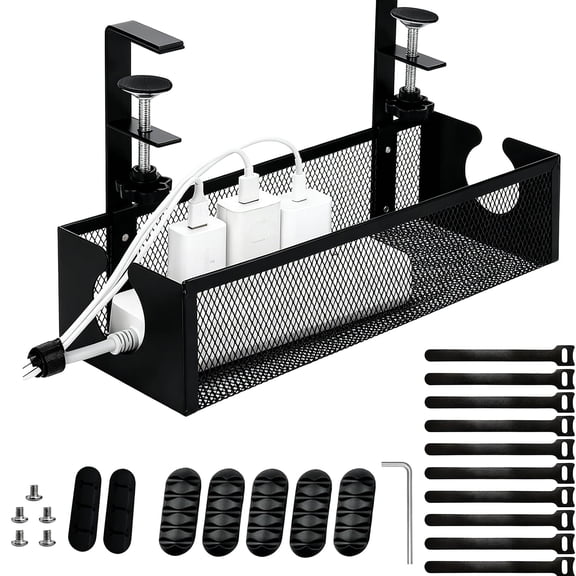 Under Desk Cable Management, Metal Mesh Cable Net with Clamp, No Drill Cord Organizer for Standing Desk, Home Office and Living Room, Black