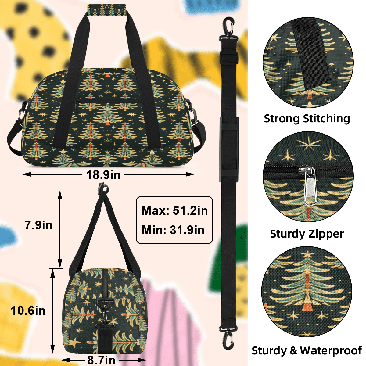 Herdesigns Winter Forest Sports Duffle Bag for Women & Men, Christmas Tree Gym Bag Dance Bag Overnight Bag Carry On Weekender Travel Bag