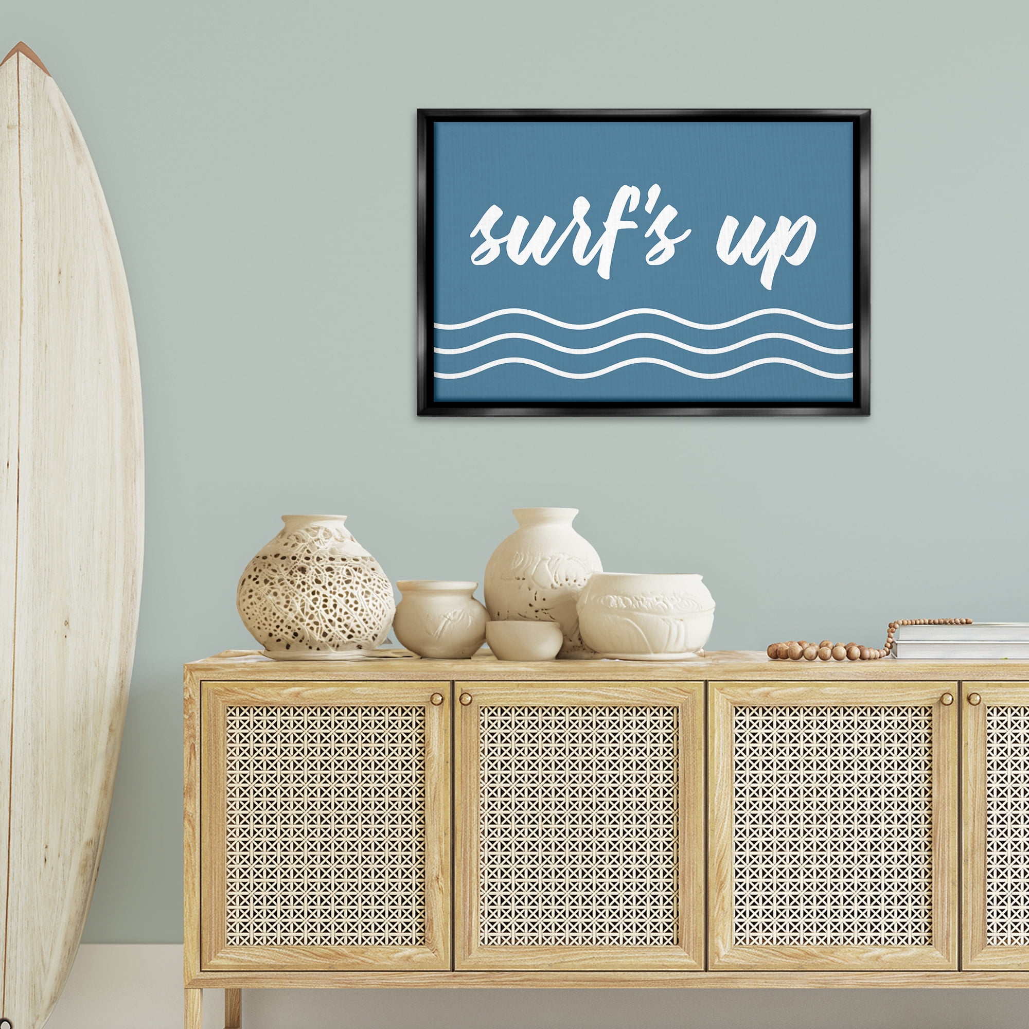 Stupell Industries Blue Surf's Up Typography Painting Black Floater Framed Canvas Art Print Wall Art, 31 x 21