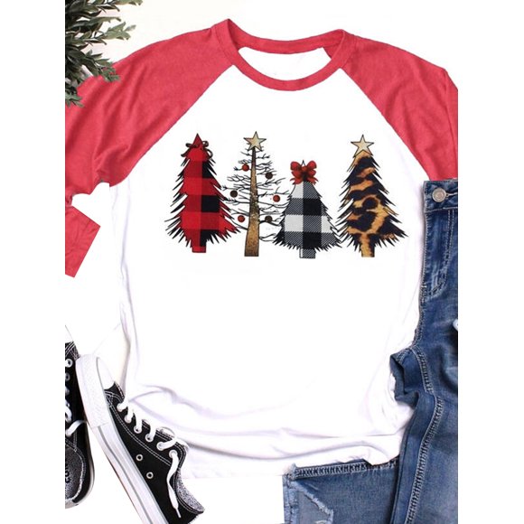DYMADE Women Merry Christmas T-Shirt Women Leopard Plaid Graphic Long Sleeve Baseball Tees Top Funny Xmas Top Shirts