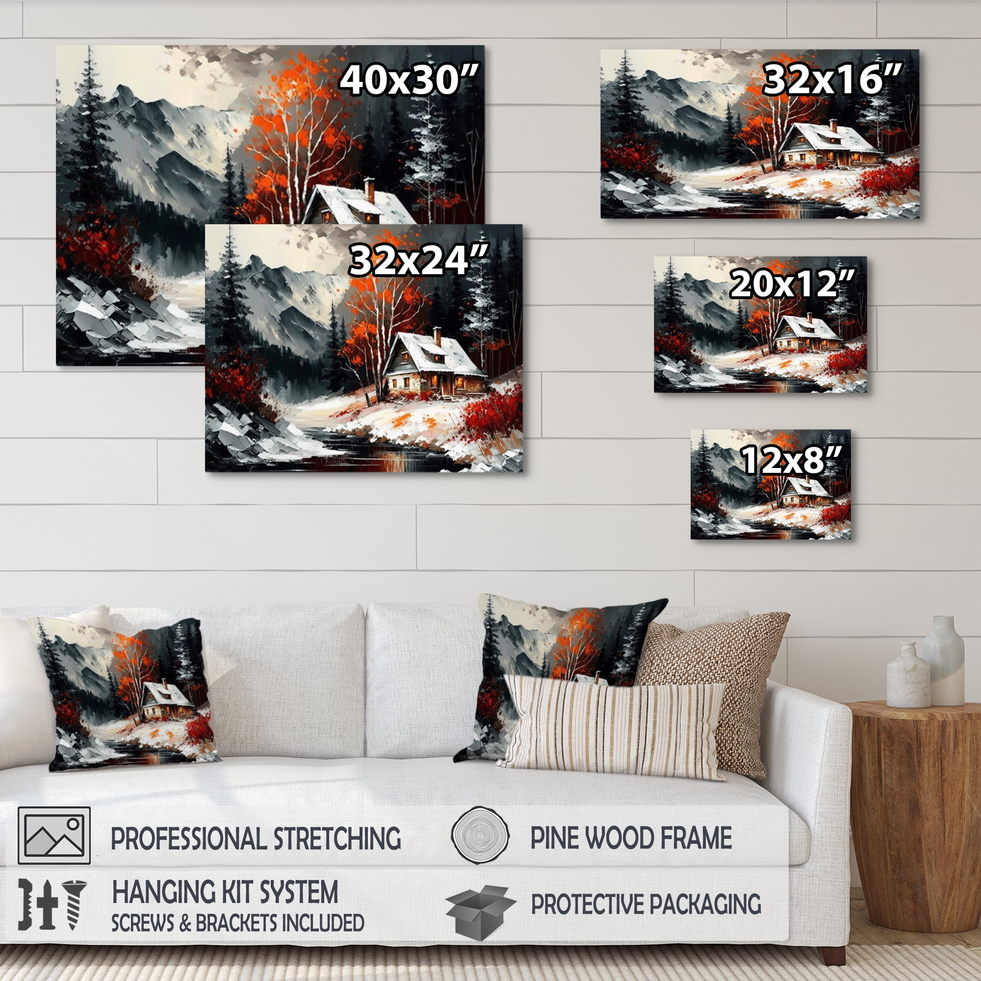 Designart Monochrome Orange Cottage In Winter V Canvas Wall Art