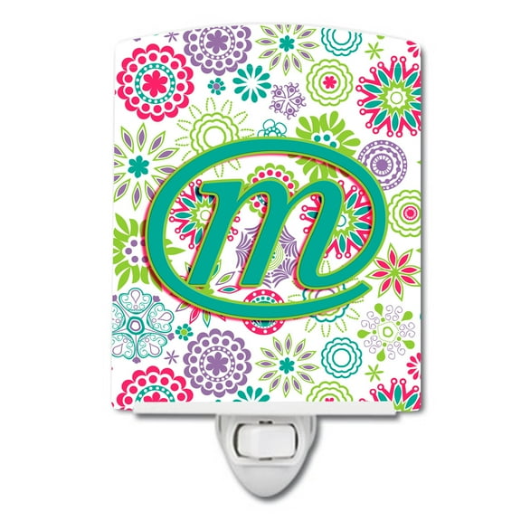 Caroline's Treasures CJ2011-MCNL Letter M Flowers Pink Teal Green Initial Ceramic Night Light, 6x4x3", multicolor