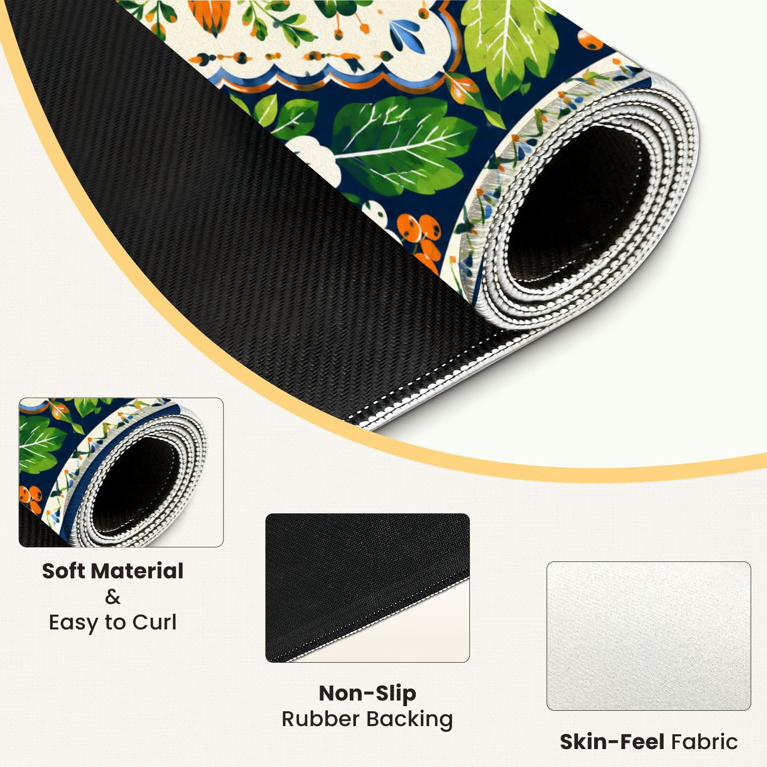 Mahjong Mat 31.5" x 31.5" Floral Folk Art Orange Blue White Flowers Green Leaves Dark Non-Slip Noise Reduction Mahjong Tiles Table Cover for Dominoes Poker Card Board and Tile Games