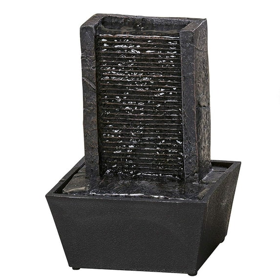 Urban Zen Tabletop Fountain, Monolith Waterfall Design, 7 Inches Tall, Horizontal Ridges, Rustic Brown Finish, Cordless (2 AA Batteries Not Included) Poly Resin, ON/OFF Switch, Serenity Collection