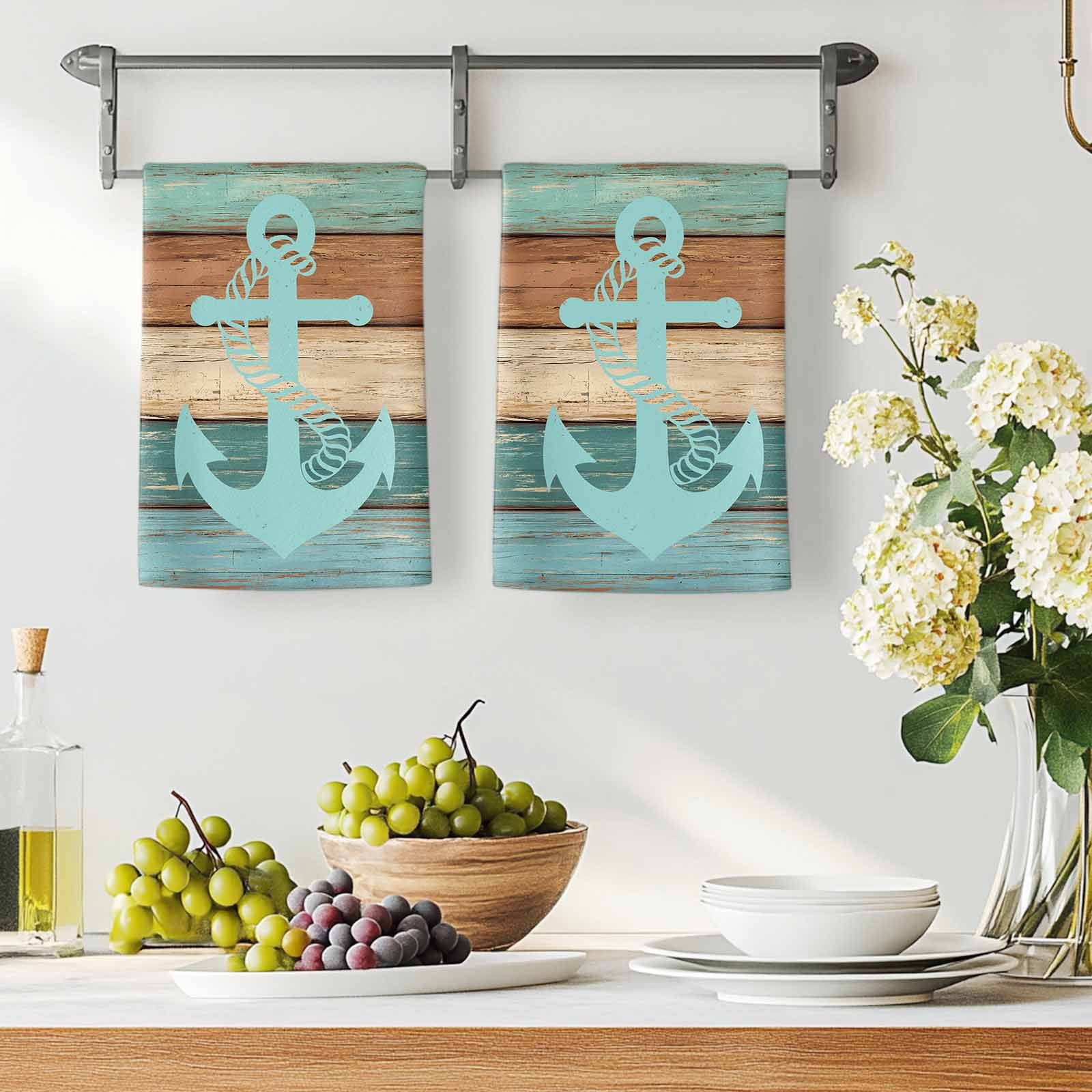 Turquoise Anchor Kitchen Towels Set of 2, Nautical Brown Green Retro Wood Grain Absorbent Dish Towels for Kitchen, Microfiber Hand Towel, Quick Drying Tea Towel for Cleaning Decorative Dishcloths