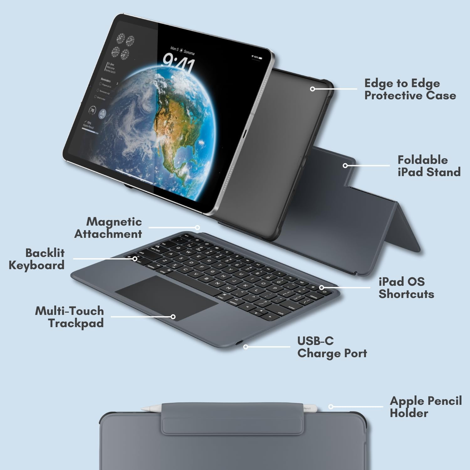 Macally iPad Pro 11 Inch Case with Keyboard and Track Pad (2024 Gen 7) - iPad Pro 11 Inch M4 Case with Keyboard Backlit, Multi Angle View, Apple Pencil Holder