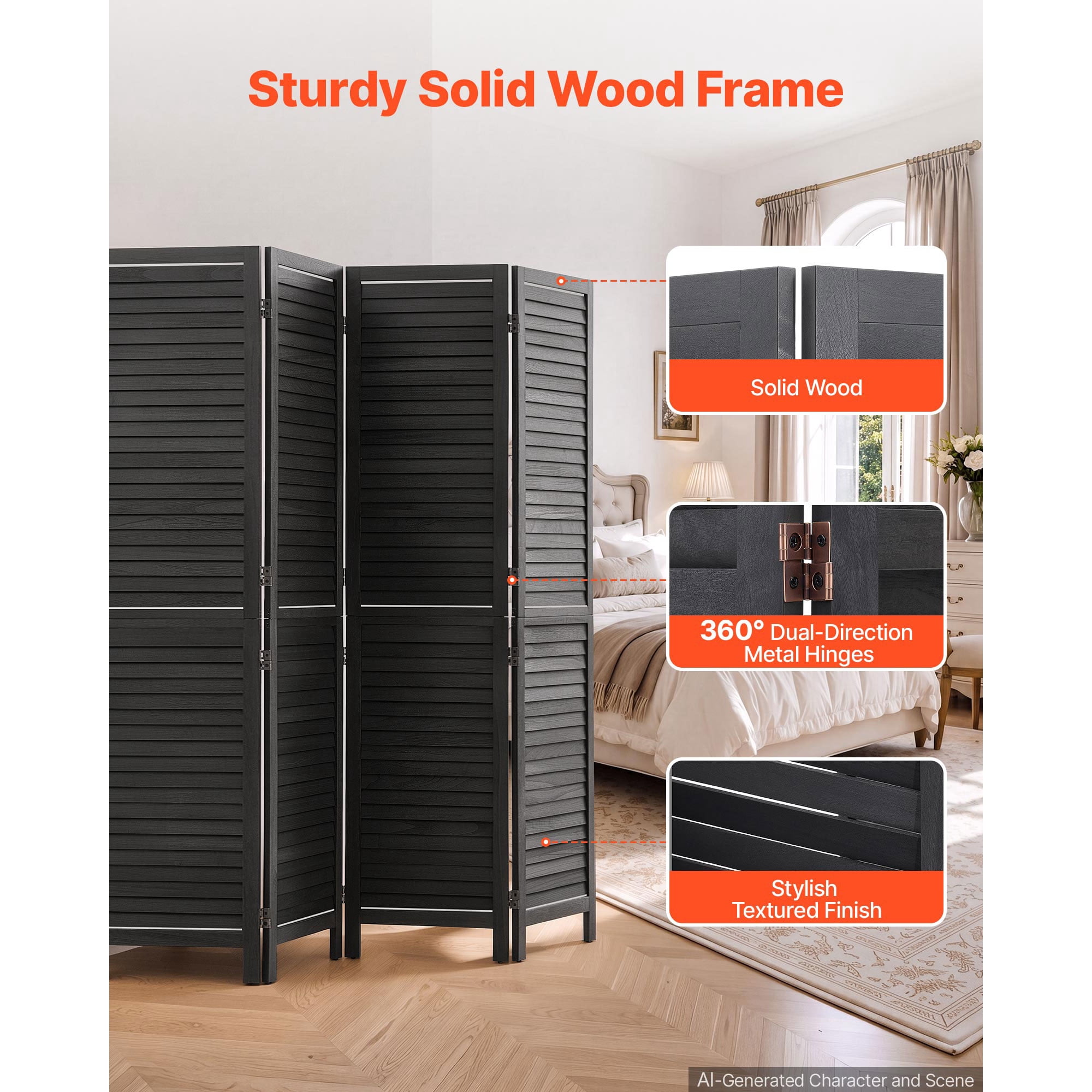 KFFKFF Wood Room Divider with 4 Panels, 67-Inch Folding Privacy Screen in Black, Ideal for Room Separation and Home Decoration, Durable Frame, 360° Two-Way Hinges, Simple Assembly