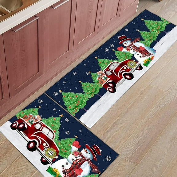 Kitchen Rugs and Mats Set of 1 Christmas Snowman and Red and Black Buffalo Plaid Truck Kitchen Sink Mat,Non-Slip Area Runner Rug,Washable Floor Mat for Home Dining Room Office 18"x47"
