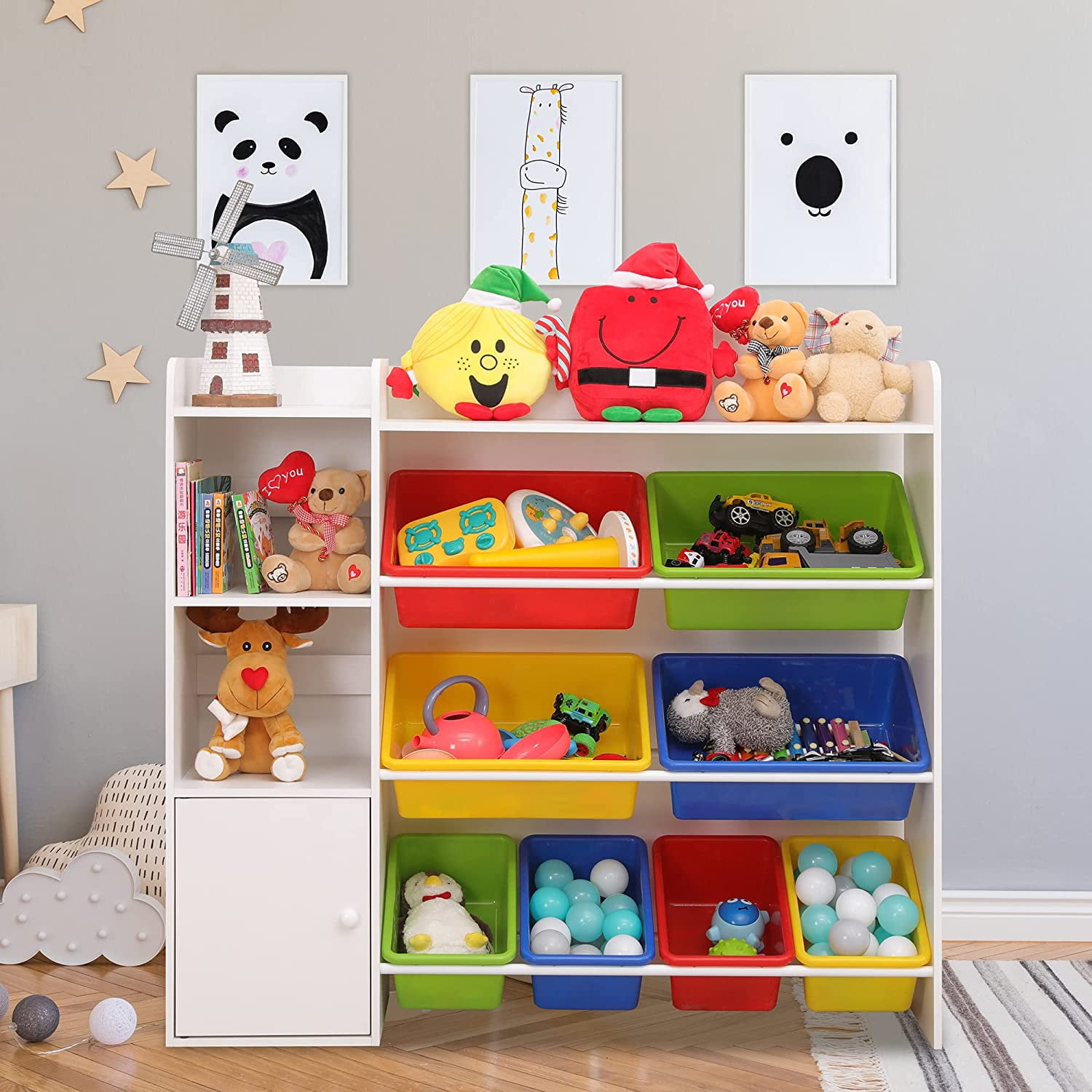 Tolead 4-Tier Kids Toy Organizer with 8 Removable Bins,  Bookshelf, Shelves, Bedroom, Nursery, White