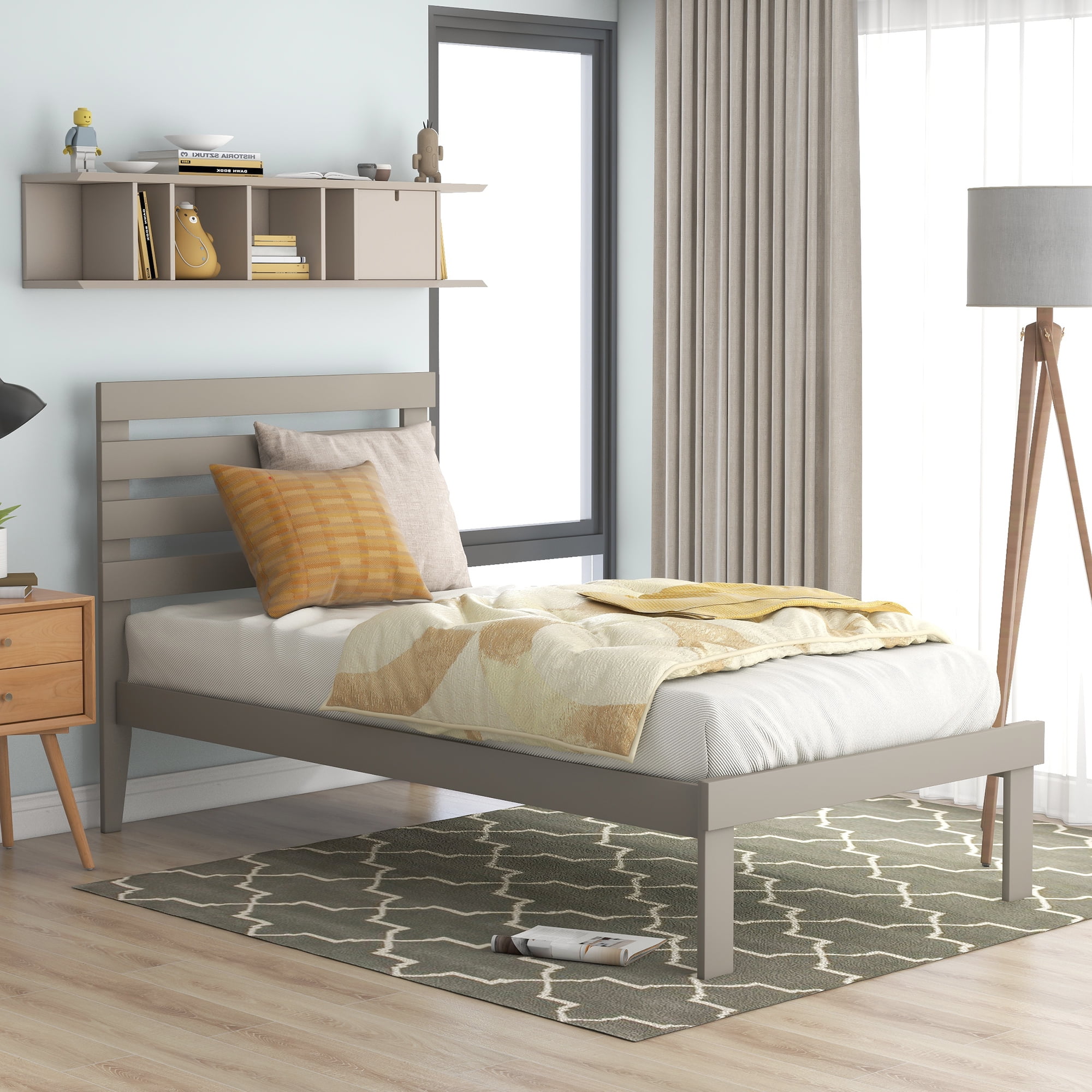 Classic Brands Kiddiewinkle Wood Slat and Metal Platform Bed Frame with Solid Wood Headboard Grey Frame with White Headboard Twin 