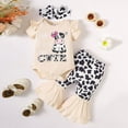 thumbnail image 2 of HCNTES Infant Baby Girl Cow Print Ruffle Sleeve Romper Cow Dot Flared Trousers with Bow Headband 3Pcs Cute Outfit Set 0-18M, 2 of 8