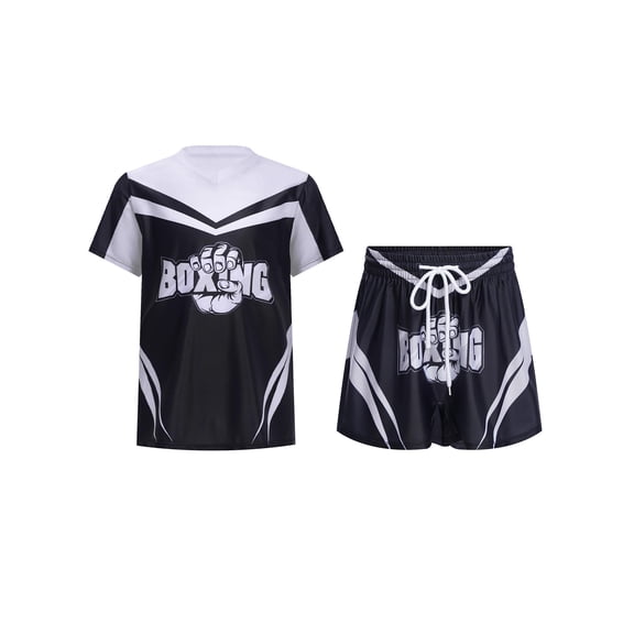 Hansber Kids Boys Boxing Outfit Children Boxer Uniform T-shirt with Shorts Set 2-Piece Athletic Tracksuit Black 16