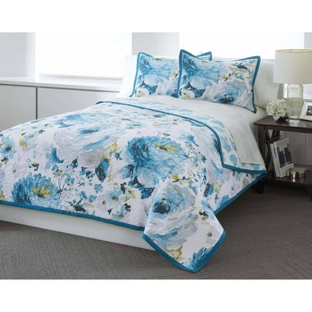 Floral Blue Cotton Bedding Quilt Set - Walmart.com