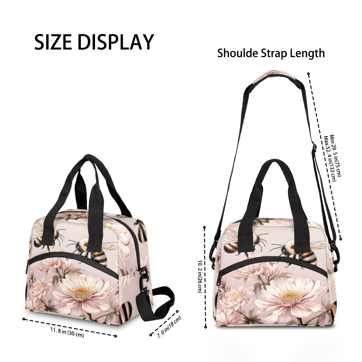Herdesigns Bee and Flower Insulated Lunch Bag for Women Men Adults Large Reusable Lunch Box Bee Theme Leakproof Cooler Tote Bags with Adjustable Shoulder Strap
