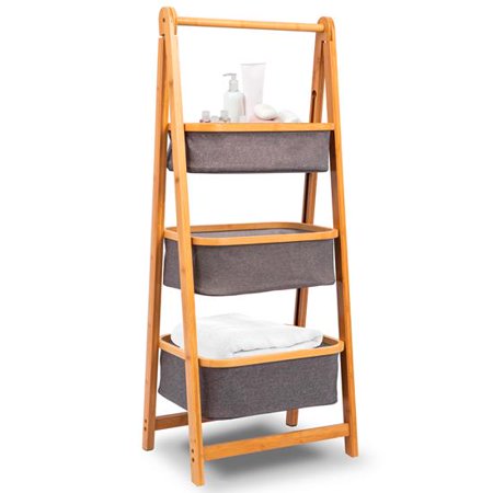 3 Tier Bamboo Shelf with Storage Hamper - Wooden Bamboo Laundry Organizer Cabinet with Removable Sliding Bags