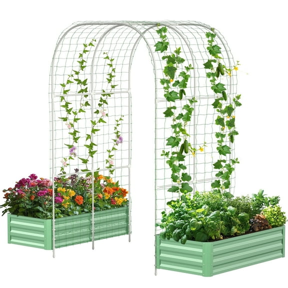 MOPHOTO 3 in 1 Raised Garden Bed with 87in Tall Arch Trellis for Climbing Plants, Galvanized Planter Garden Box Outdoor for Gardening, Climbing Vegetables, Flower, Green
