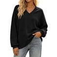 thumbnail image 3 of Otvok V‑Neck Loose Pullover Shirt, Women Waffle‑Textured Drop‑Shoulder Long‑Sleeve Casual Top, 3 of 7
