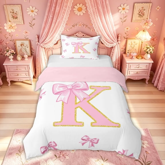 Meiyoeat Pink Gold Glitter Print Bow K Letter Twin Bedding for Women Girls, Girly Cartoon Alphabet Duvet Cover Set, Pink Reversible, 1 Duvet Cover and 1 Pillowcase (No Comforter)