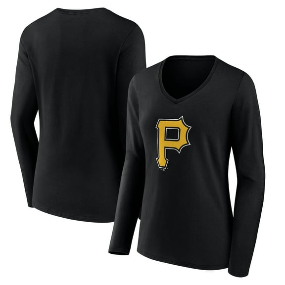 Women's Black Pittsburgh Pirates Team Color Primary Logo V-Neck Long Sleeve T-Shirt
