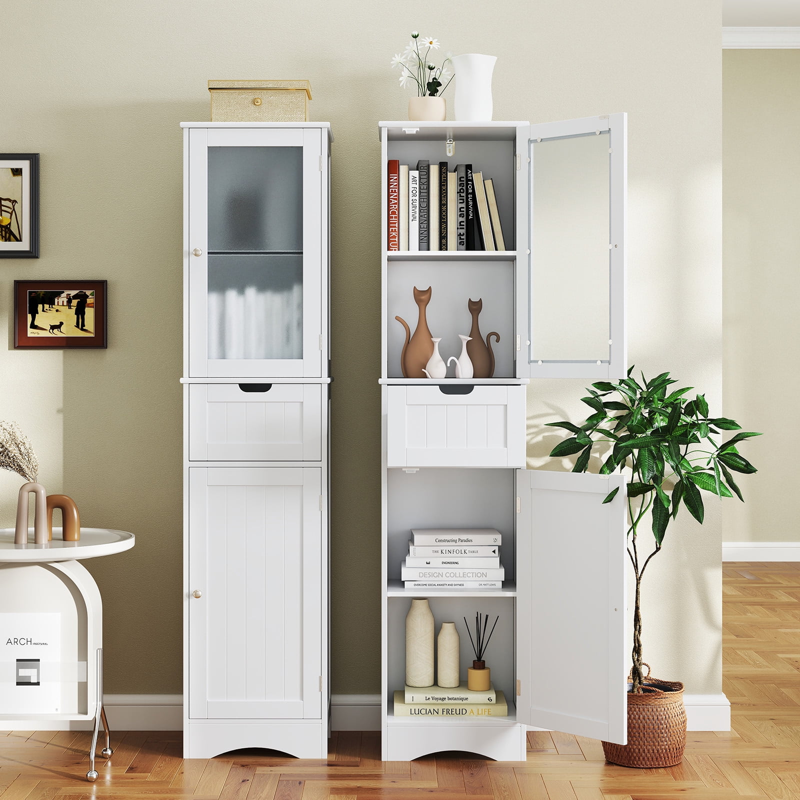 Giantex Tall Bathroom Storage Cabinet, Narrow Slim Linen Tower, Freestanding Floor Cabinet, White