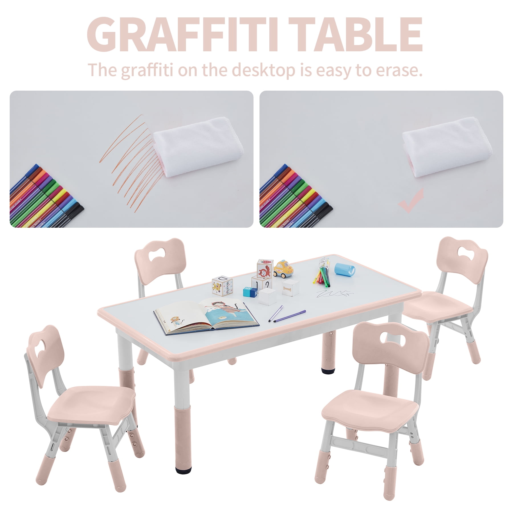 DOREROOM Kids 4-Piece Adjustable Table and Chair Set, Graffiti Desktop, Non-Slip Legs