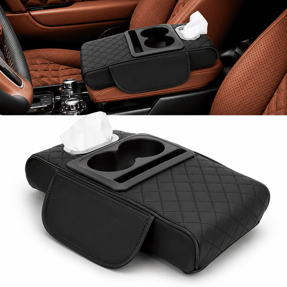 TSV Car Center Console Armrest Pillow, Leather Car Armrest Cushion with Cup and Phone Holder, Tissue Box, Side Pocket, Black