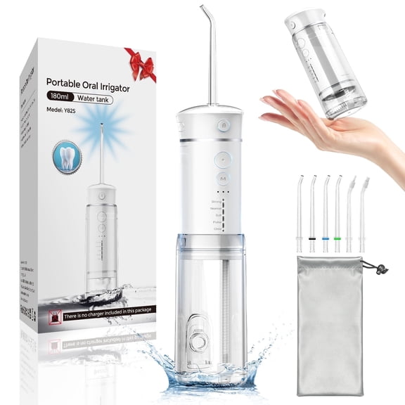 Bezvoi Water Flosser Cordless Travel, Mini Oral Irrigator with Telescopic Water Tank, 5 Modes, 6 Jet Tips, IPX7 Waterproof Electric Portable Water Teeth Cleaner Picks for Braces Bridges Care