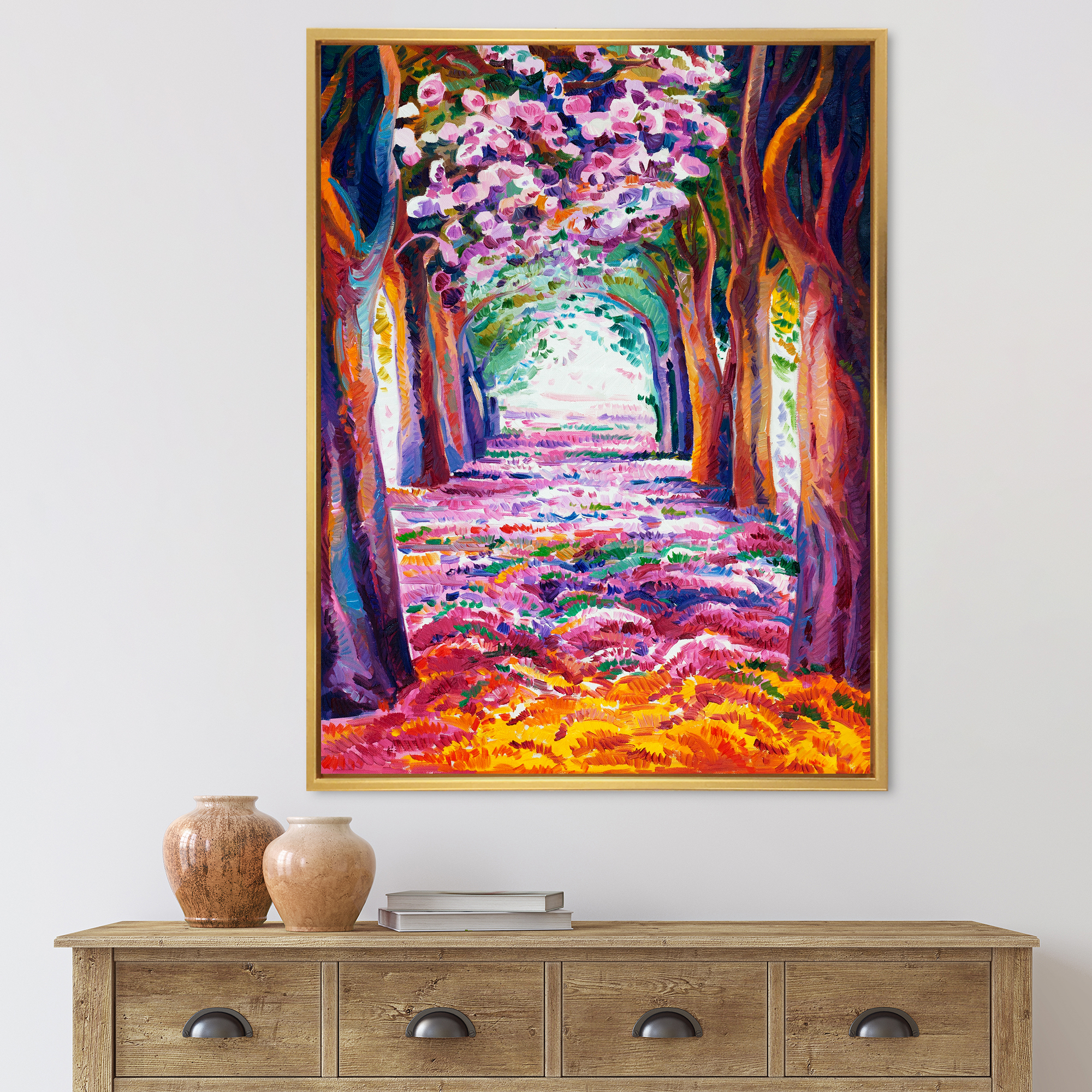 Designart 'Pink Flowering Colorful Spring Forest' Lake House Framed Canvas Wall Art Print