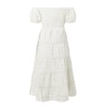 thumbnail image 5 of Vestido corto de mujer con hombros descubiertos y mangas abullonadas, corte A, bajo con volantes, tejido de poliéster, tallas S-XXL, perfecto para fiestas de verano y vacaciones., 5 of 5