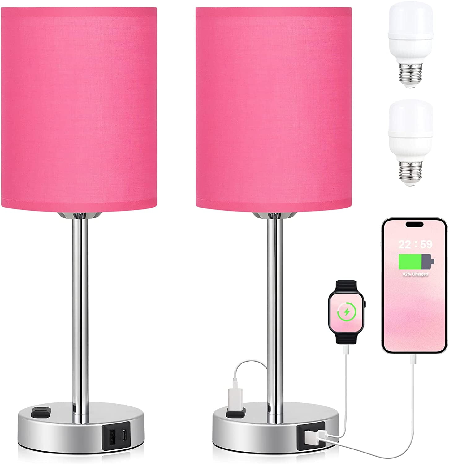 Rose Touch Bedside Lamps Set of 2 3 Way Dimmable Bedroom Lamp with