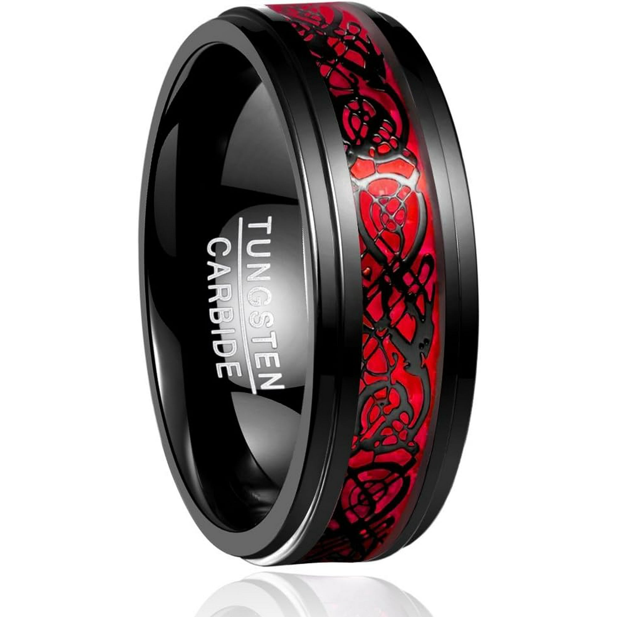 GHSDFBB Nuncad Men s 8mm Black Celtic Dragon Tungsten Carbide Ring Red Imitated Opal Comfort Fit Wedding Band