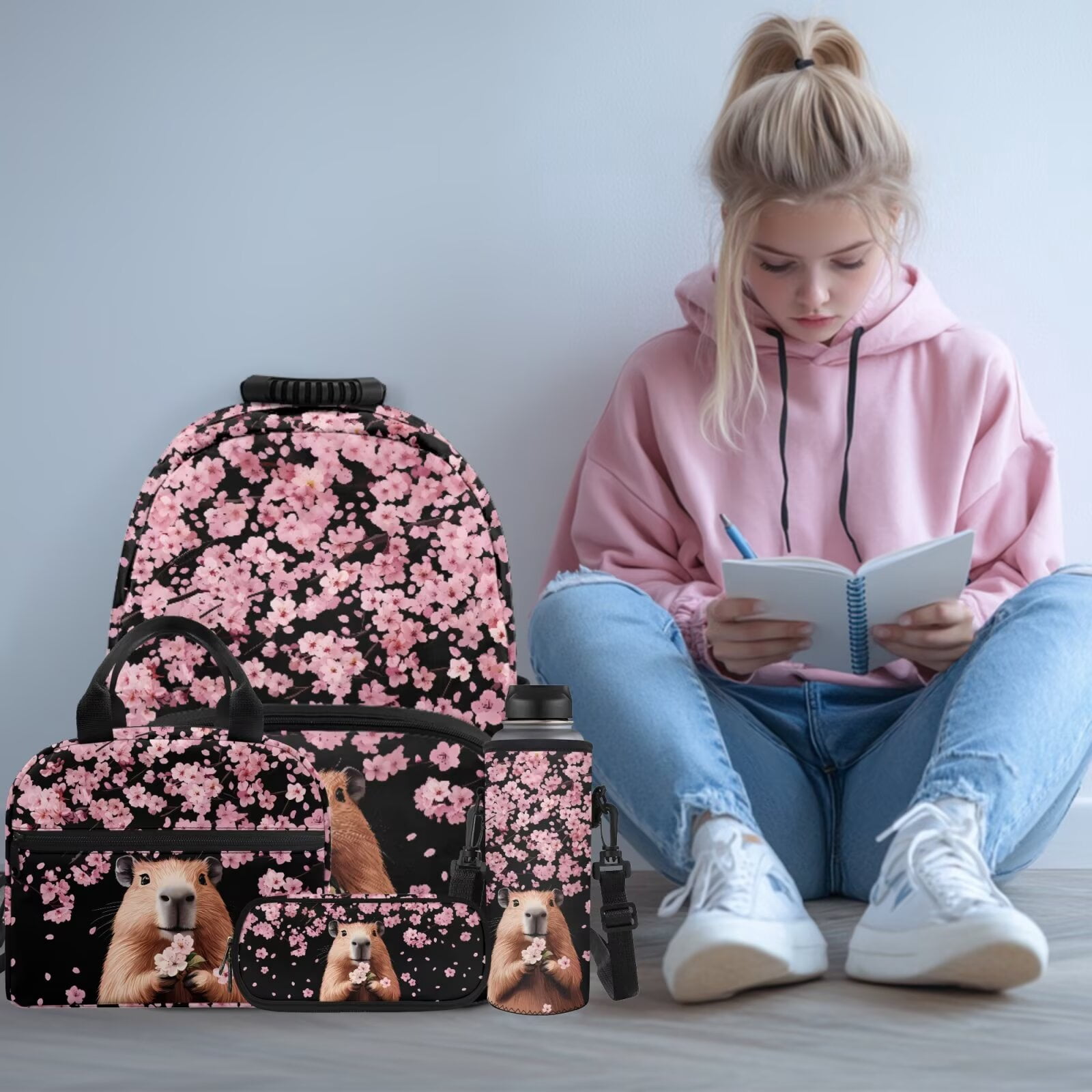 Pzuqiu Cherry Blossom Capybara Kids Backpack for School Girls Backpacks with Lunch Box Pencil Case Backpack for Kids Large Travel Daypack,17 Inch Bookbags School Bag Set of 4