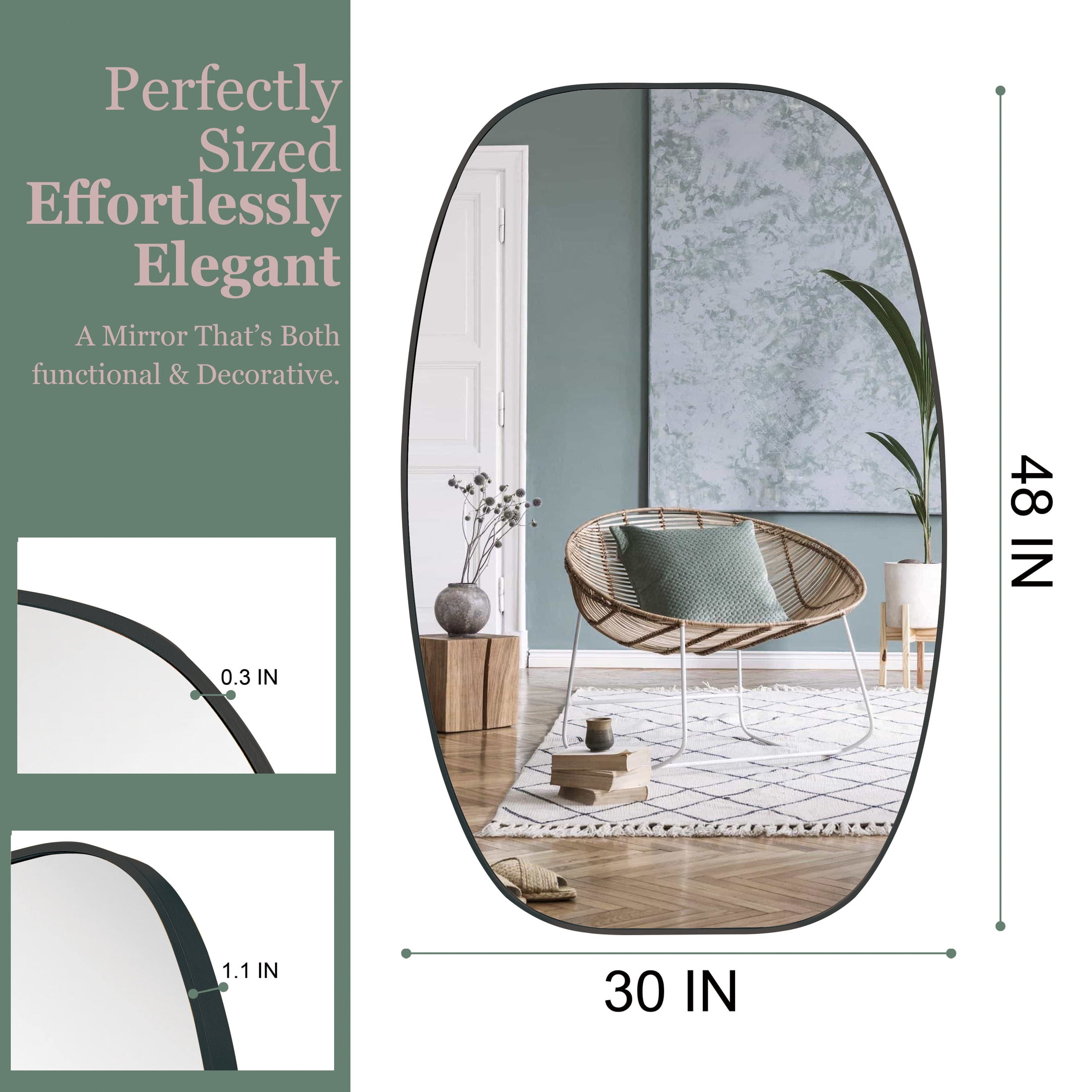 Noble House 30"x48" Unique Metal Framed Oval Wall Mirror, Modern Oblong Vanity Mirror for Bathroom & Entryway, Black