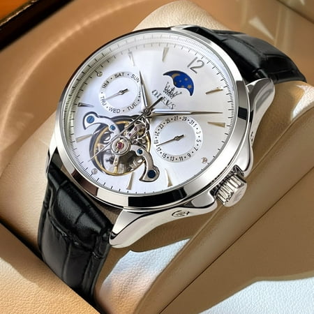 OLEVS Men s Watches Luxury Tourbillon Automatic Mechanincal Male Wristwatch Waterproof Leather Strap Moon Phase Luminous Date Walmart