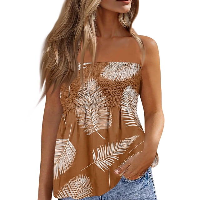 OIOLOYJM Womens Tube Top Summer Cute Strapless Palm Tree Peplum Top Backless Vacation Ruffle Party Shirts Light Brown L