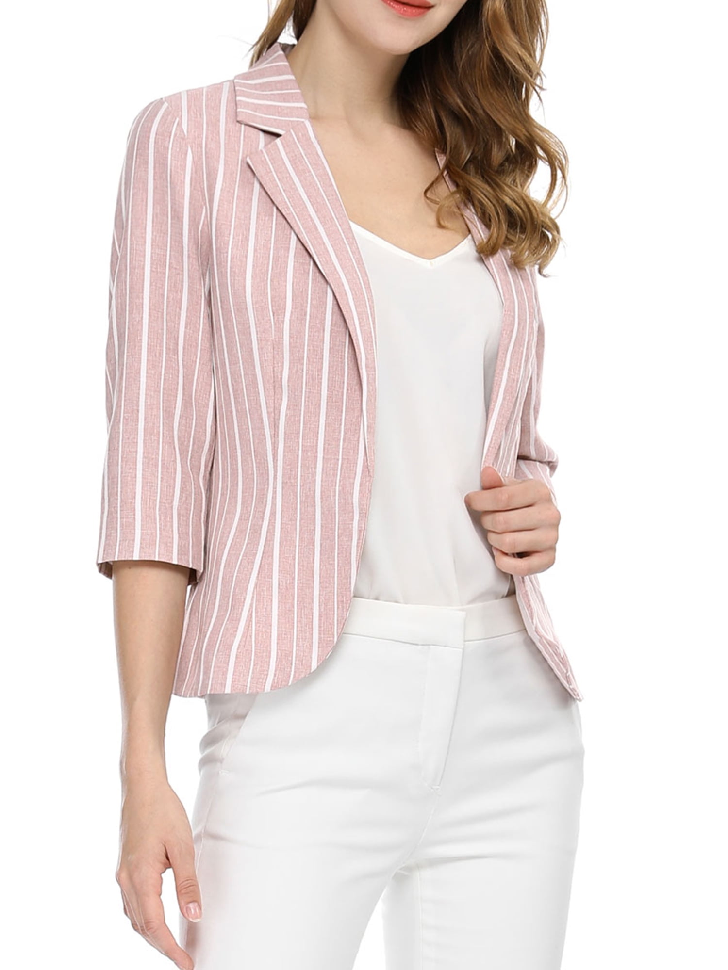 DARING DIVA Women's Striped Open Front Notched Lapel Blazer L Pink
