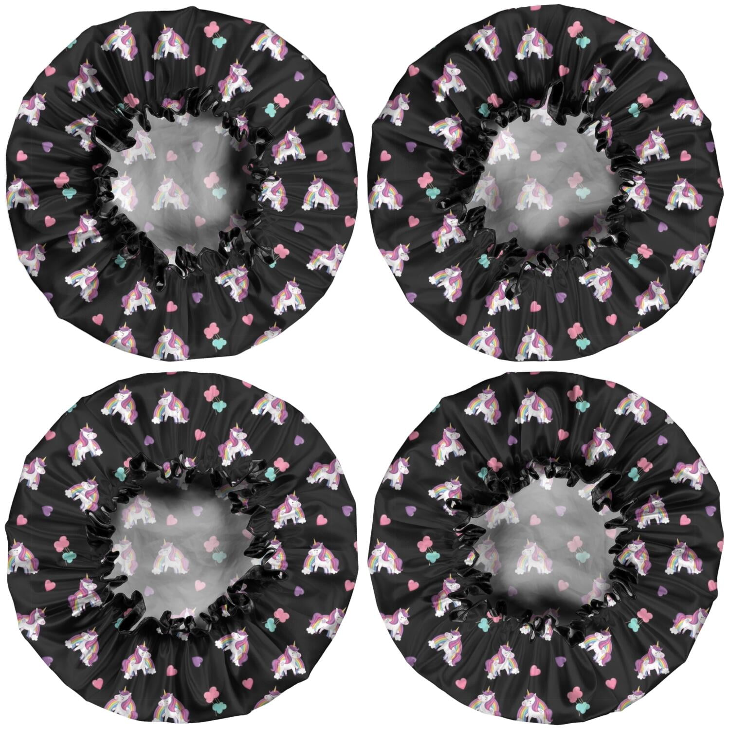Shower Caps,Black Cartoon Unicorn Heart Pattern Waterproof Shower Cap for Women 4 Pieces,Double Reusable Hair Cover for Shower PEVA Elastic Stretch Hem