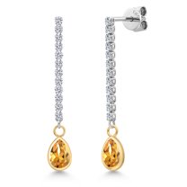 Gem Stone King 14K Two Tone Gold Yellow Citrine and Lab Grown Diamond Earrings for Women | 2.04 Cttw | Gemstone November Birthstone | Pear Shape 7X5MM