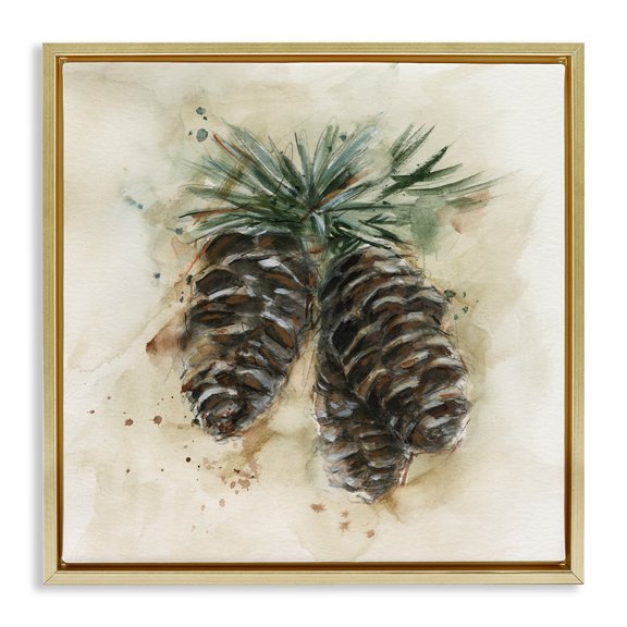 Stupell Industries Rustic Forest Pinecone Plants & Flowers Painting Gold Floater Framed Canvas Art Print Wall Art, 25 x 25