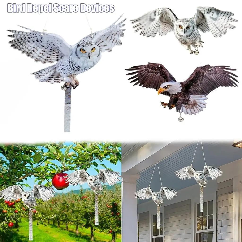 AOOOWER Double Sided Bird Scarer Device Owl Decorations with Reflective Strips and Bells to Scare Birds from Trees